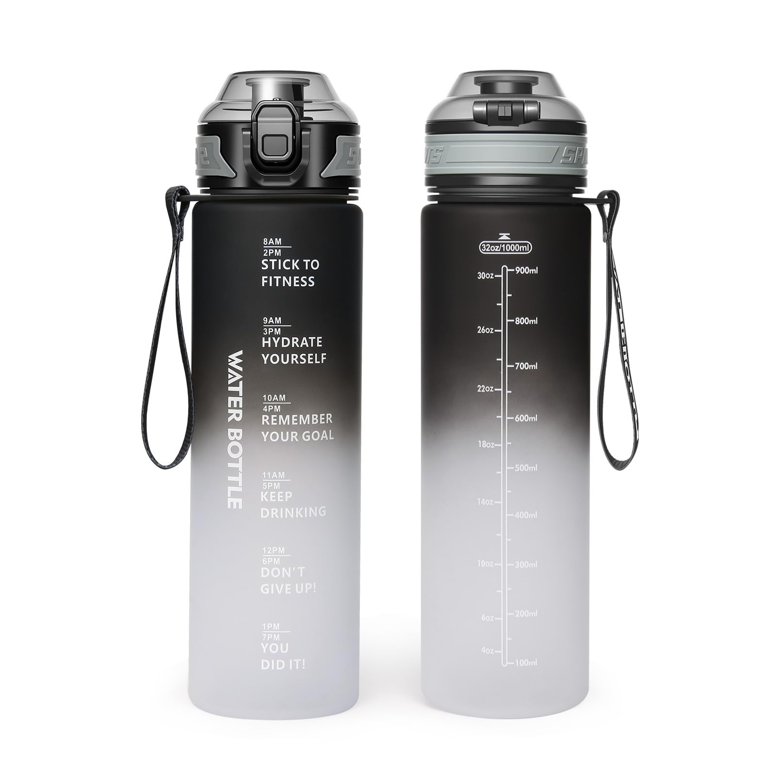 Binudum Trinkflasche 1L Sport Wasserflasche, BPA-frei,1 Liter Trinkflasche Sport mit Zeitmarkierung，für Gym, Die Fahrrad, Sport, Outdoor, Schule, Job