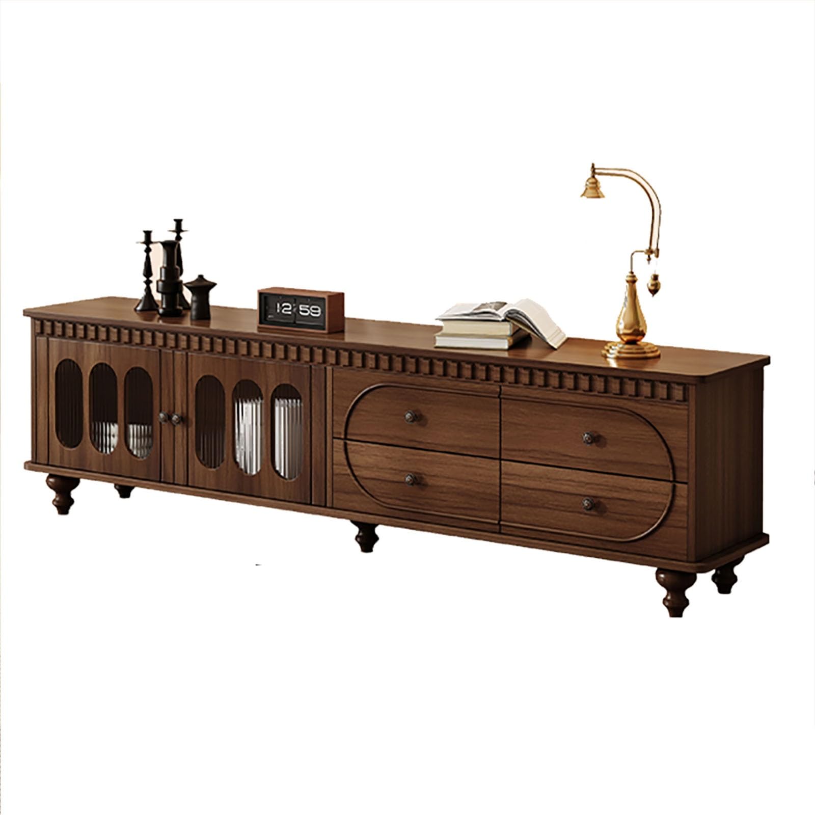 Supporto per console TV vintage con ante in legno massello di vetro Hazy da 180 cm, centro di intrattenimento per soggiorno, mobili eleganti per TV e media