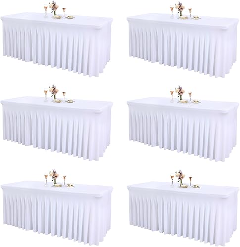 Paquete de 6 manteles blancos para mesas rectangulares de 6 pies, fundas de mesa de elastano elásticas resistentes a las arrugas con falda para
