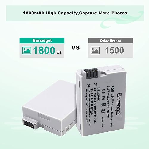 Miniatura 2 de Bonadget Paquete de 2 baterías LP-E8 y cargador dual LCD compatible con cámara digital Canon Rebel T3i T5i T2i T4i, EOS 700D 600D 550D 650D, Kiss X4