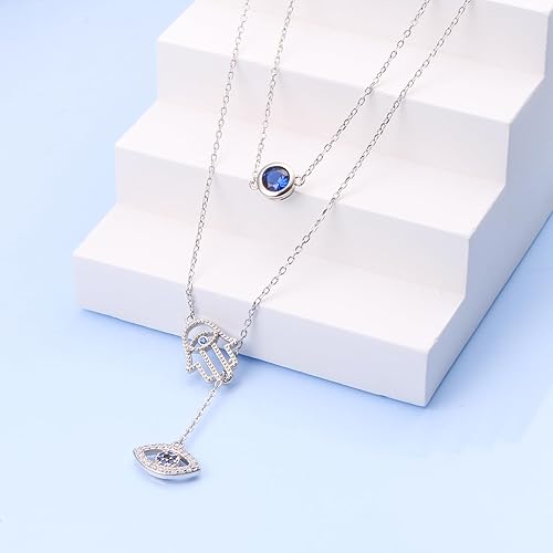 Miniatura 3 de HOOHWE Collar contra el mal de ojo de plata de ley 925, collar de mano de Hamsa en capas y griego de Fátima, collar con dije de protección de la