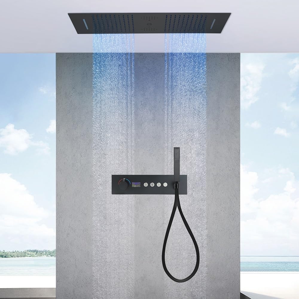 Cascada Artemisia 12"x36" LED Large Bluetooth Digital Shower System (Ceiling Mount) with 5 Knobs & 4 Functions (Dual Rain, Dual Waterfall, Water Column, & Handheld Shower) (Matte Black)