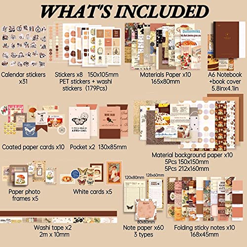 Image of 348 Pcs Scrapbook Kit Vintage Aesthetic Scrapbook Kit for Bullet Junk Journal Stationery A6 Grid Notebook,Journaling Supplies Birthday Craft Gift for Teen Girl Kid Women(Vintage)