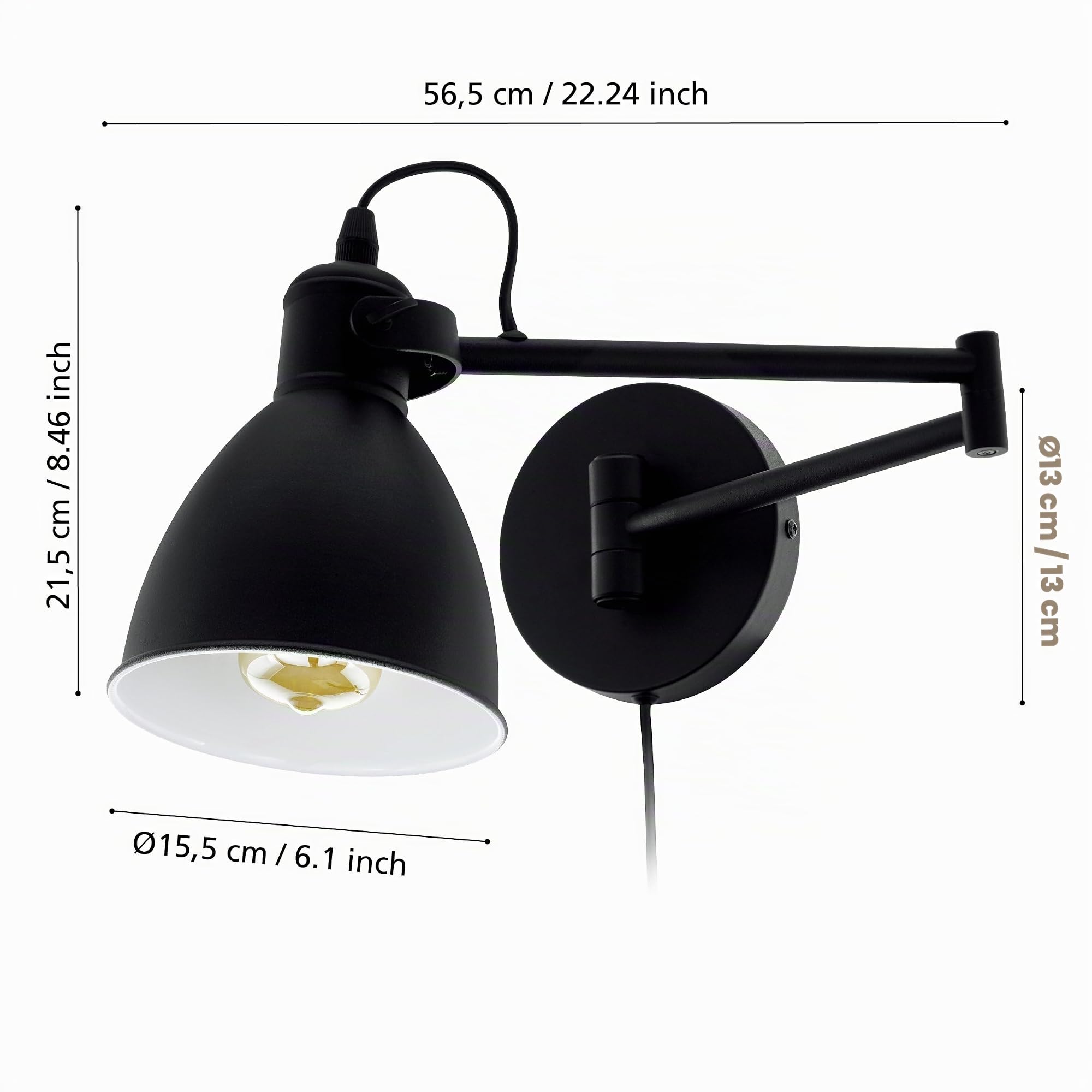 Eglo Lampada da parete San Peri, lampada da soggiorno | vintage e industriale, illuminazione da parete per interni in metallo nero, con interruttore, lampada da camera da letto, E27
