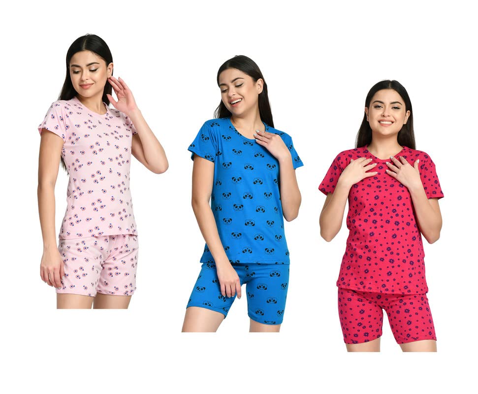 Image of IndiWeaves Cotton Printed Tops and Shorts Set Night Suit for Women (Pack of 3) Pink::Blue::Red