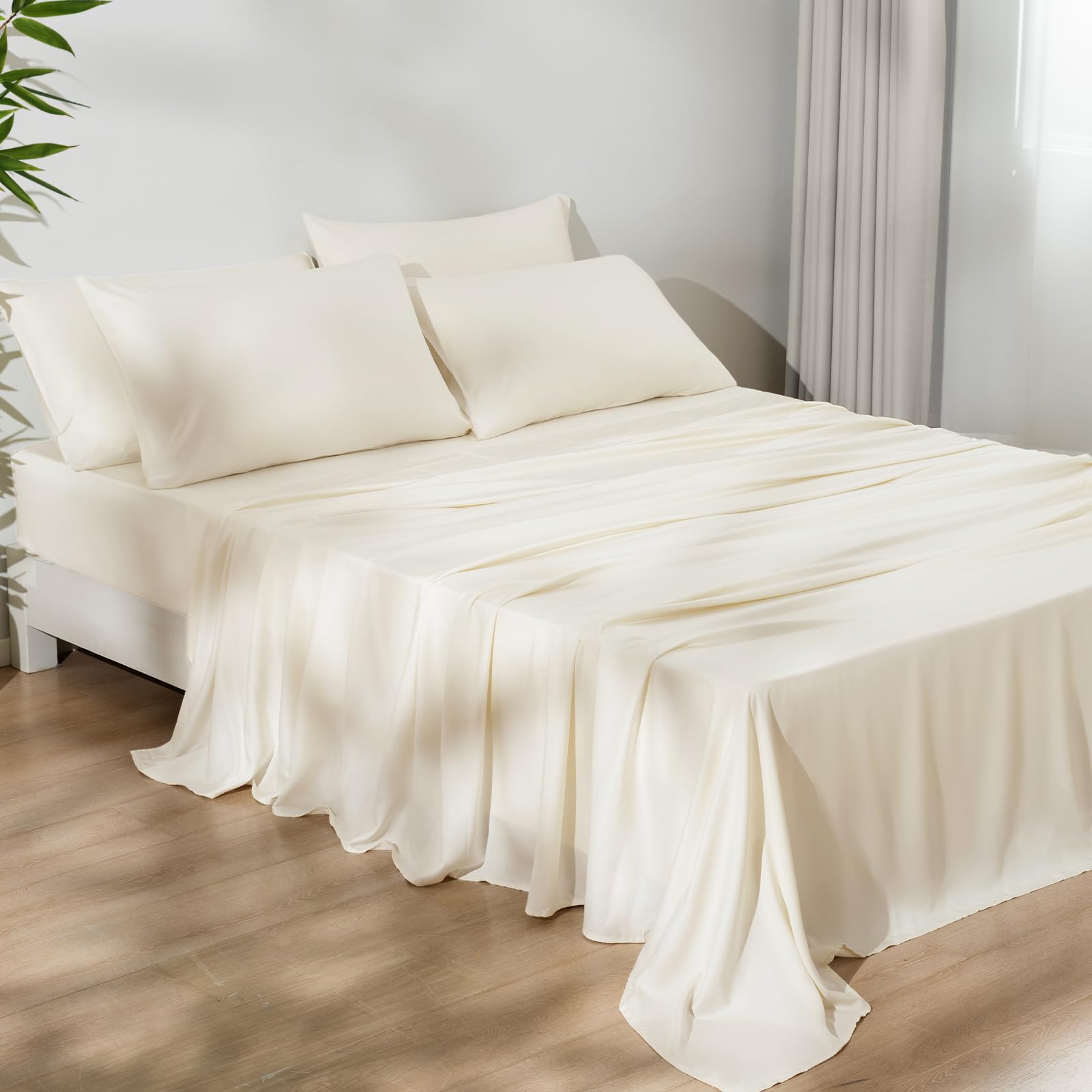 Photo 1 of PHF 6PCS 100% Rayon Derived from Bamboo_ Sheets Set Queen Size, Cooling Sheets for Hot Sleepers, Wider Elastic Band & 16" Deep Pocket,Luxury Silky Soft Breathable Bedding Set & Pillowcase, Cream White
