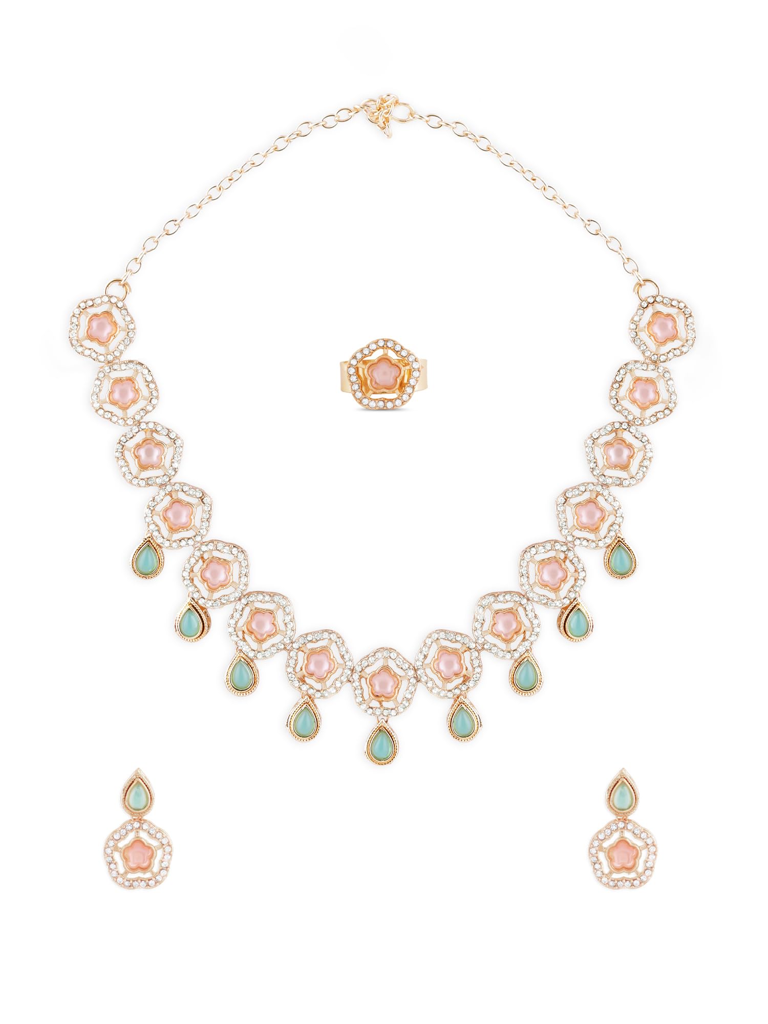 ZAVERI PEARLS Pink Green Stones Floral Design Ethnic Necklace Earring & Ring Set For Women-ZPFK17280 (B0CTF6ZBZ6) Amazon Price History, Amazon Price Tracker