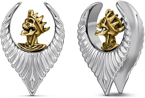 ERKUOO Gothic Skull Ear Saddles Tunnels - Vintage Gold Spiked Skeleton & Crowned