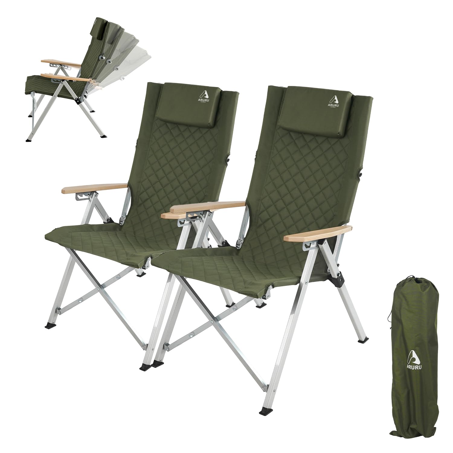 ARURU Reclining Camping Chair 2 Pack, Folding Lawn Chairs with 4-Stage Adjustable High Back for Adults Heavy Duty, Compact Foldable Outdoor Patio Recliner Chair with Side Bag (Green)
