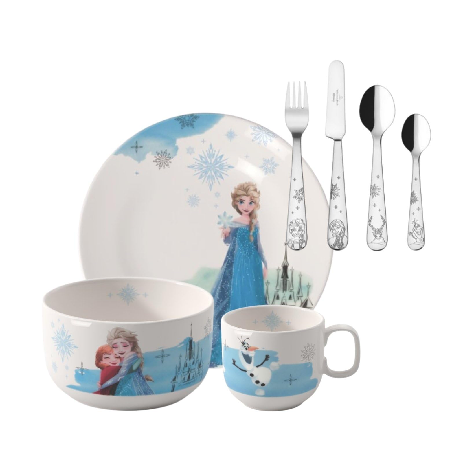 Villeroy & Boch Disney Frozen Kindergeschirr-Set 7-teilig (170 ml) | Kinder-Set mit Disney Elsa & Anna-Motiven, Premium Porzellan, Besteck aus Edelstahl, Spülmaschinenfest