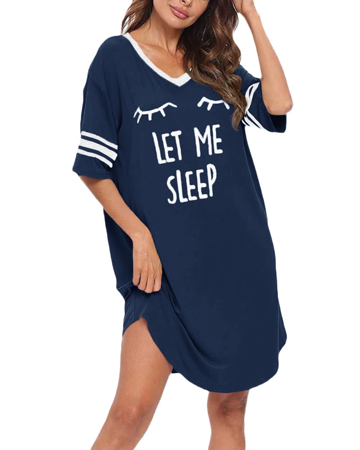 Cicy Bell Damen V Ausschnitt Kurzarm Oversized Nachthemd Schlafshirt Printed Gestreift Nachtwäsche mit Grafik Printed