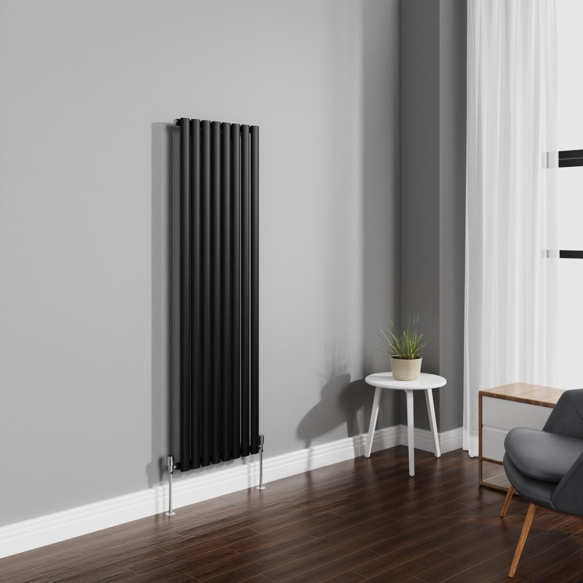NRG 1600x472mm Black Radiator Vertical Oval Panel Bathroom Designer Single Rad Central Heating โ image 1