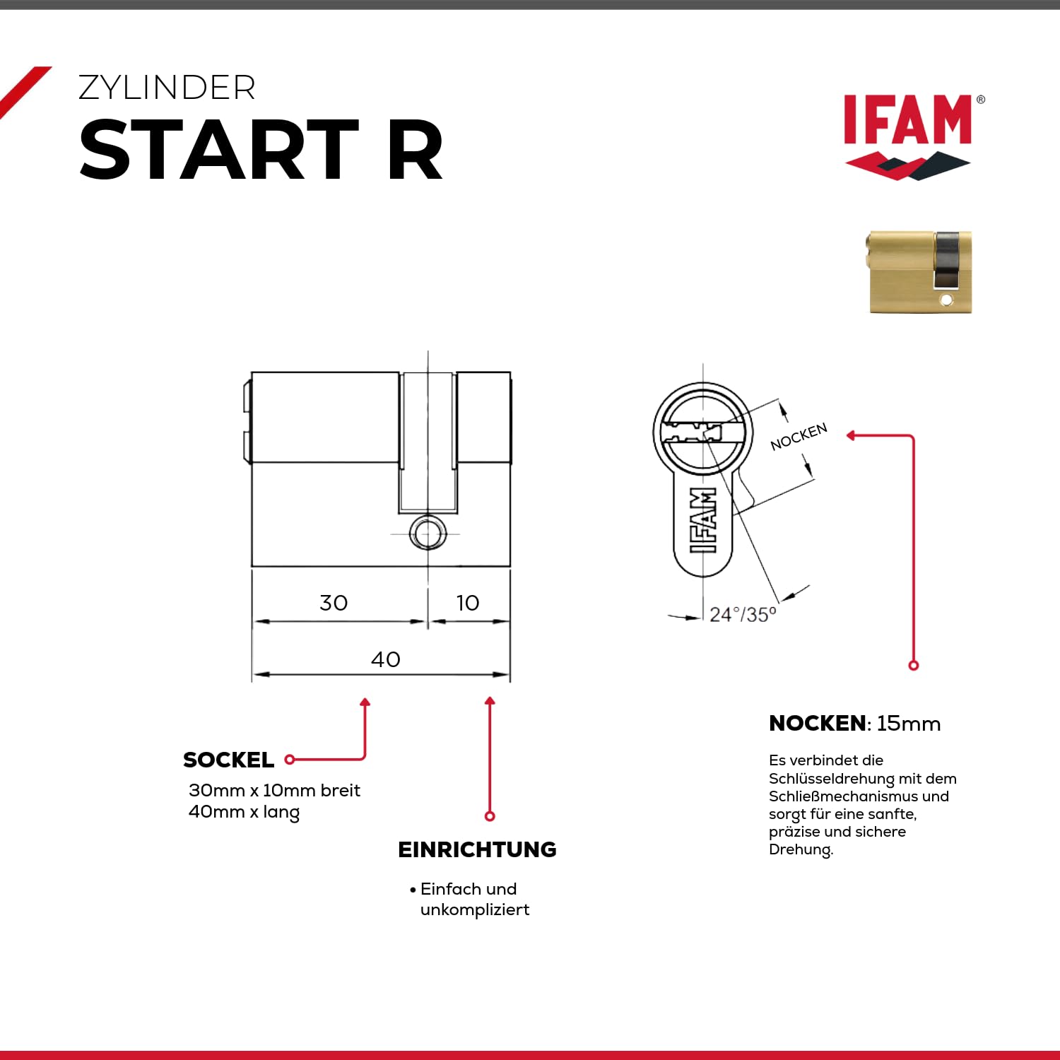 IFAM Cylinder Start STR1030L, Zylindrisches Sicherheitsschloss, Messingausführung, 10x30mm, inkl. 5 vernickelten Stahl-Sicherheitsschlüsseln, Euro-Profilzylinder, Innen- und Außentürschlösser