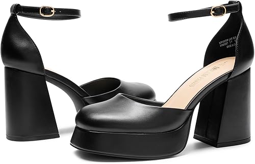 Miniatura 4 de DREAM PAIRS Zapatos de tacón alto con plataforma gruesa para mujer, puntera cerrada, correa al tobillo, para boda, fiesta, zapatos de tacón