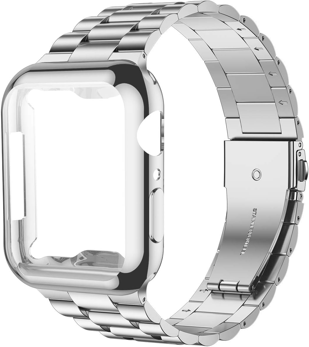 iiteeology Compatible with Apple Watch Band 38mm Series 3 2 1, Upgraded Stainless Steel Band with iWatch Screen Protector Case for Women Silver/Silver