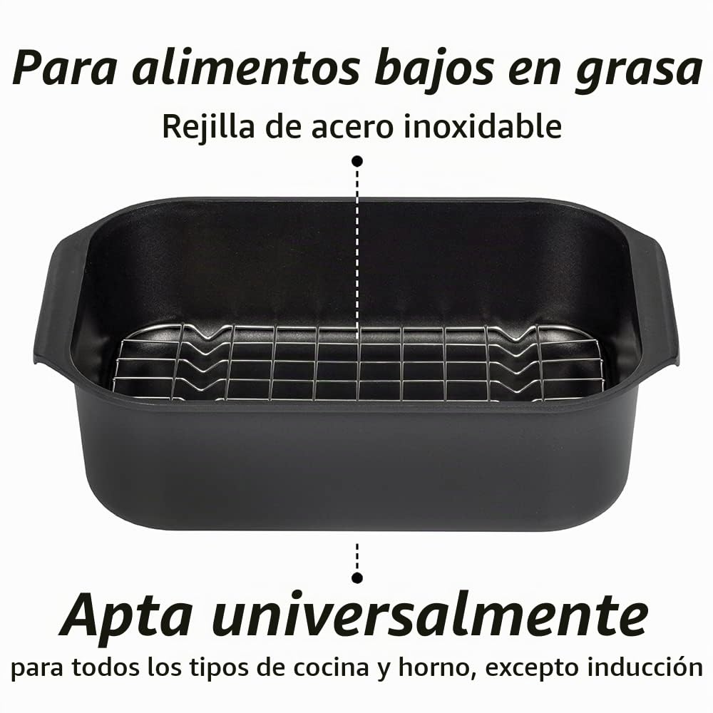 GSW Asador rectangular gourmet con tapa de cristal aromático e inserto para parrilla, aluminio fundido, negro, ø aprox. 40 x 26 x H 11 cm