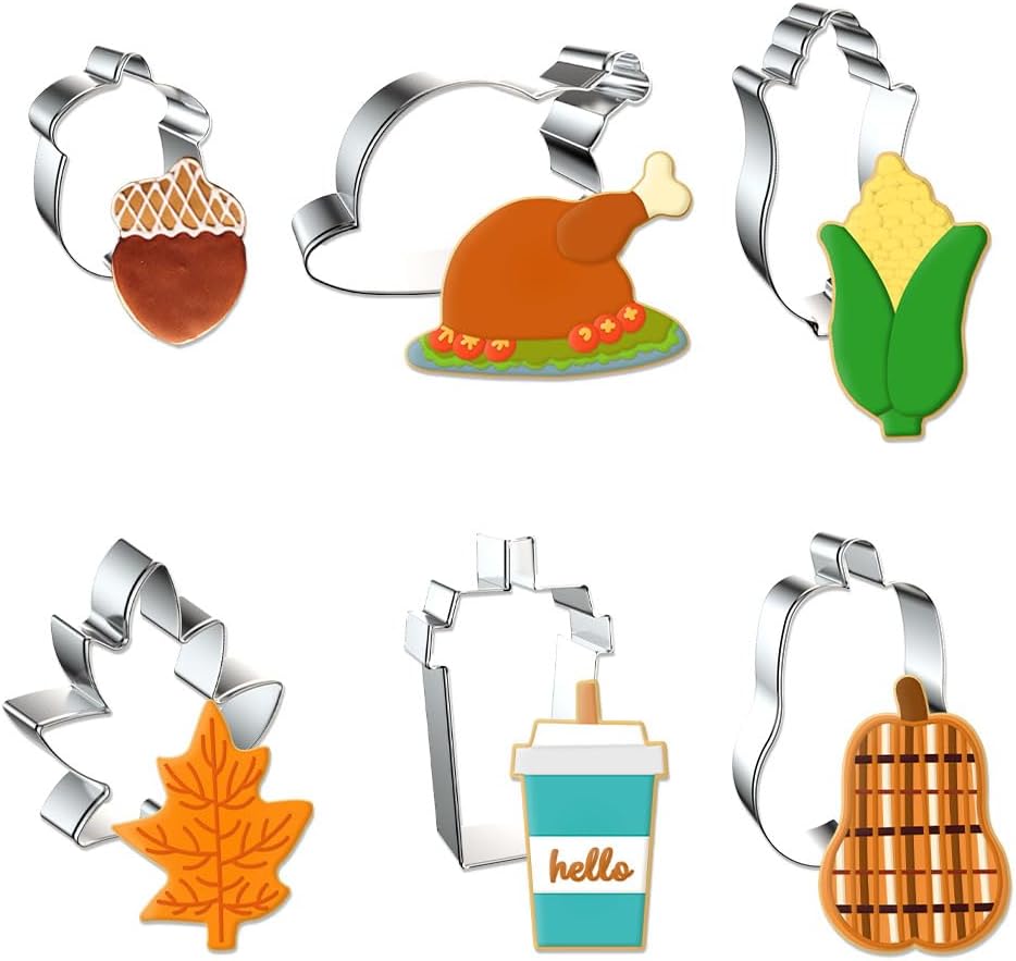 Hying 6PCS Fall Thanksgiving Cookie Cutters Set for Kids Baking, Stainless Steel Harvest Pumpkin Holiday Cookie Cutters for Cooking Turkey Acorn Leaf Biscuit Cutter for Thanksgiving Party Supplies