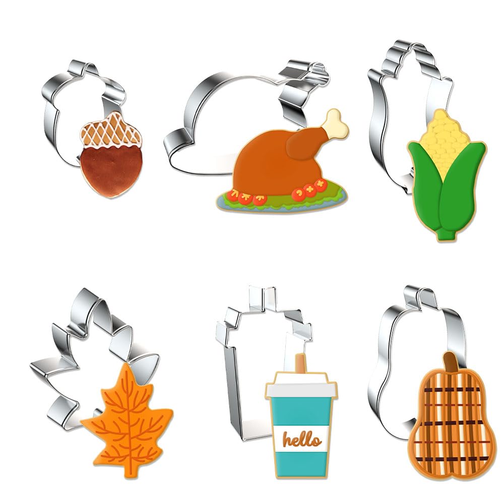Hying 6PCS Fall Thanksgiving Cookie Cutters Set for Kids Baking, Stainless Steel Harvest Pumpkin Holiday Cookie Cutters for Cooking Turkey Acorn Leaf Biscuit Cutter for Thanksgiving Party Supplies