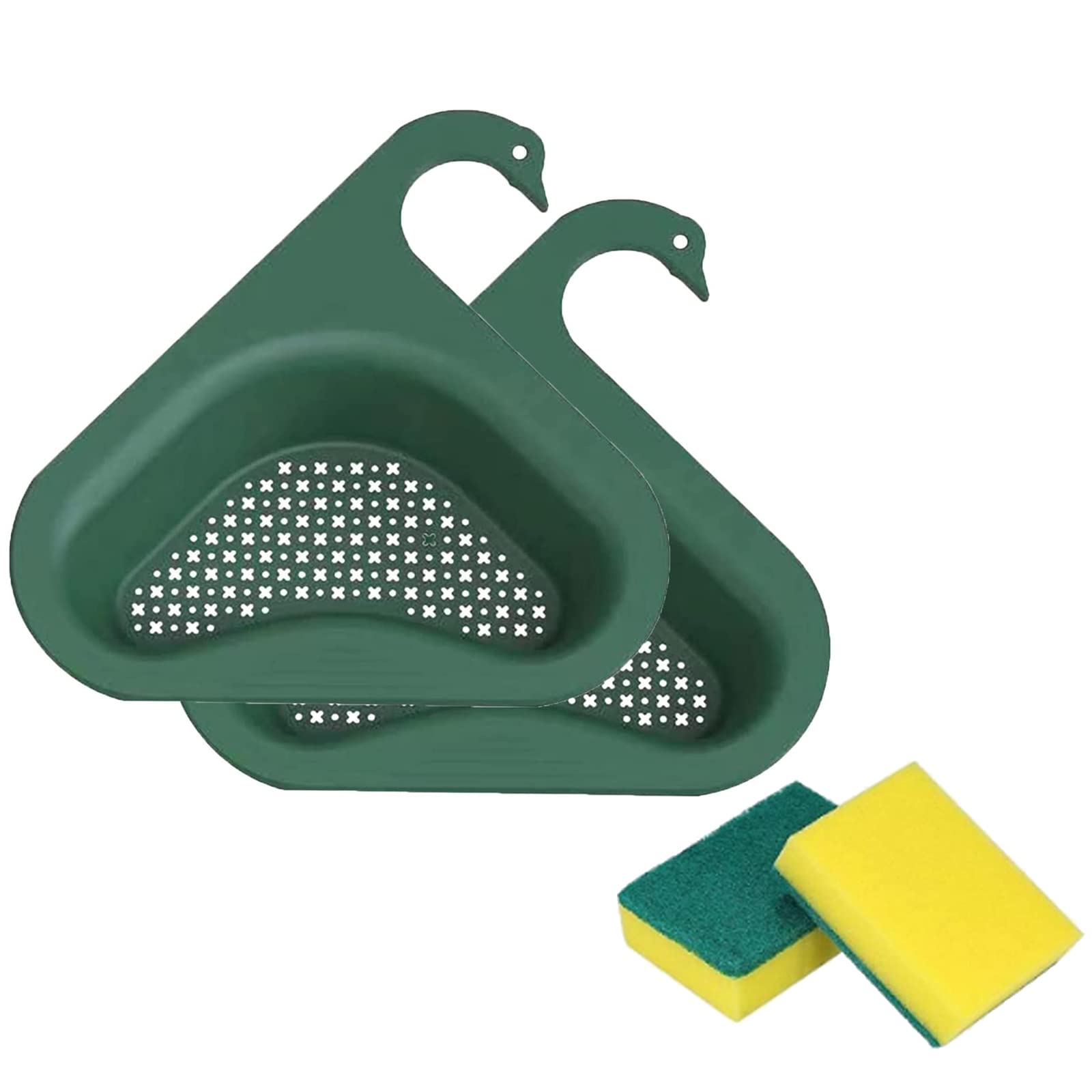 KCRPM 2/4 PCS Kitchen Sink Drain Basket Swan Drain Rack, Corner Kitchen Sink Strainer Basket, Kitchen Triangle Sink Filter, Multi-Function Water Storage Tank Drain Rack (Green)