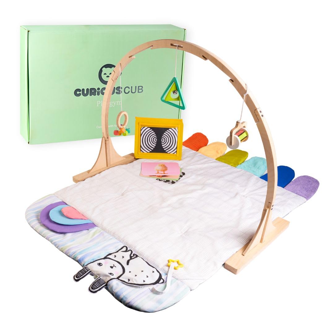 Curious Cub Baby Play Gym-Playmat, Newborn Baby Toy Gift, Baby Activity Gym, Wooden Playgym for Babies, 3 Wooden Baby Mobile Rattles, Sensory Mat, Wooden Play Gym, Hanging Toys, Baby Mirror