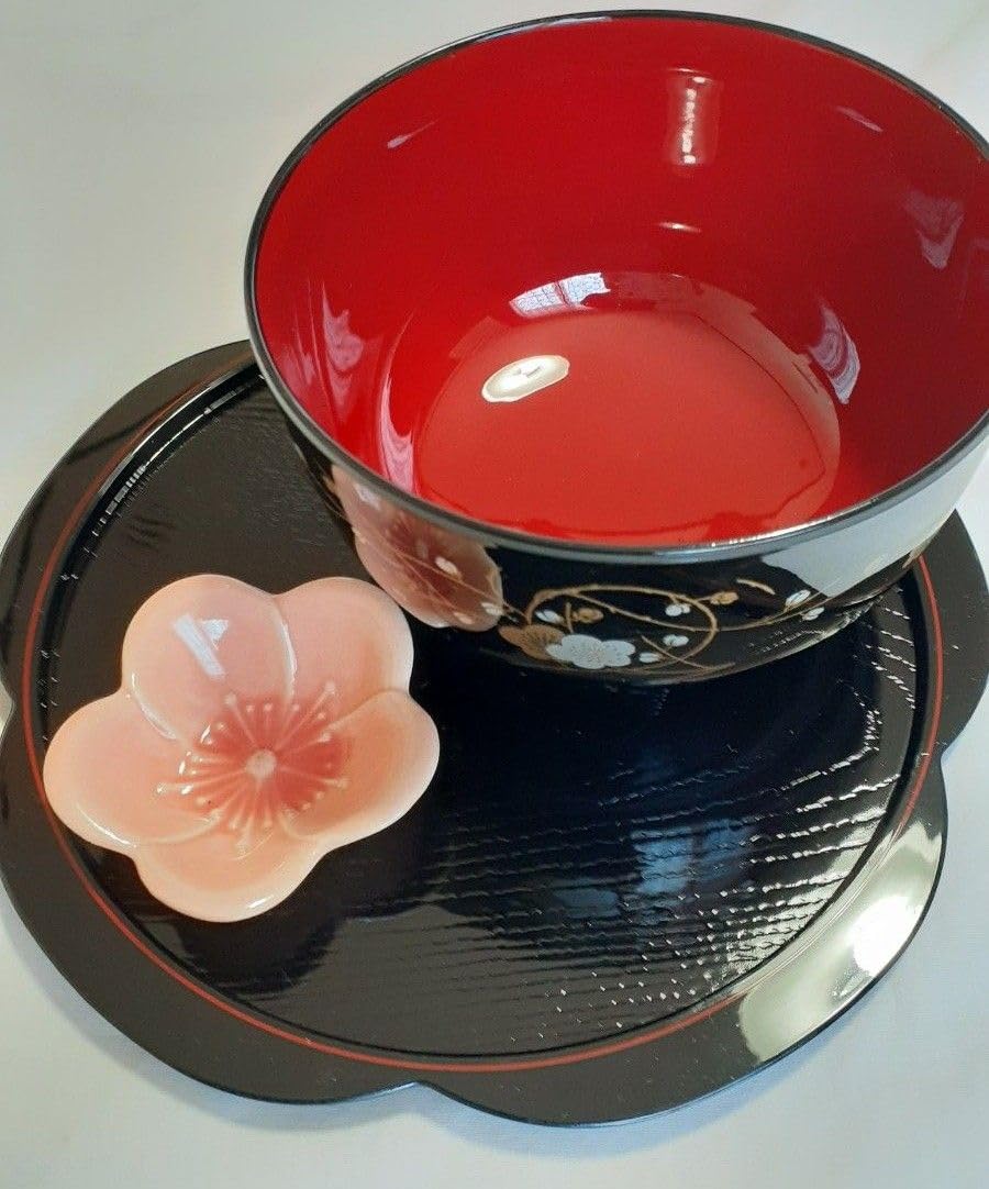 Amazon.co.jp: 漆器 汁椀 丼 小盆 お箸 5膳セット 梅型 梅柄 お盆 小皿
