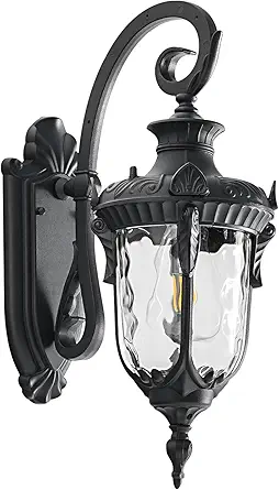 Outdoor Wall Lights, Waterproof Aluminum Porch Wall Light for Outside House, Patio, Yard, Garden, Black Gooseneck Exterior Wall Sconce, Hardwired Outdoor Acorn Shape Lantern Lamp, Water Ripple Glass