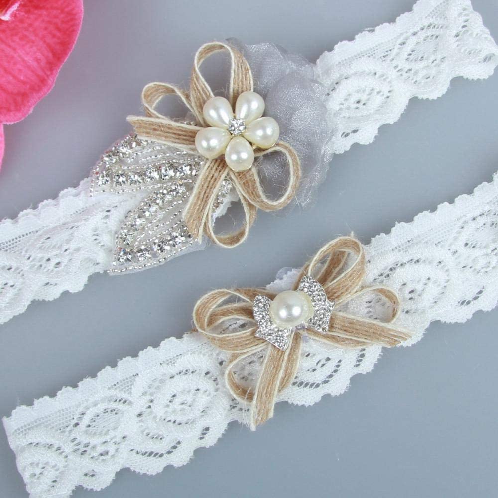 Jarretière en cristal de mariage, accessoires de mariage nuptiale élastique jarretière en dentelle boucle de jambe-Blanc 5pcs_M,Jarretière en dentelle avec ornement (Blanc 5pcs XX) (Blanc 5pcs M)
