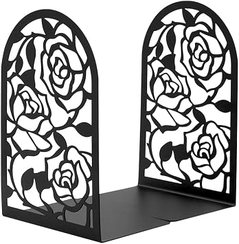 Elegant Rose Bookends Hollow-Out Rose Flower Book Ends Shelves Organizer Metal Book Stands Journal Book Holder Reading Room Decorative Bookends Library Book Stoppers for Office Home School Black
