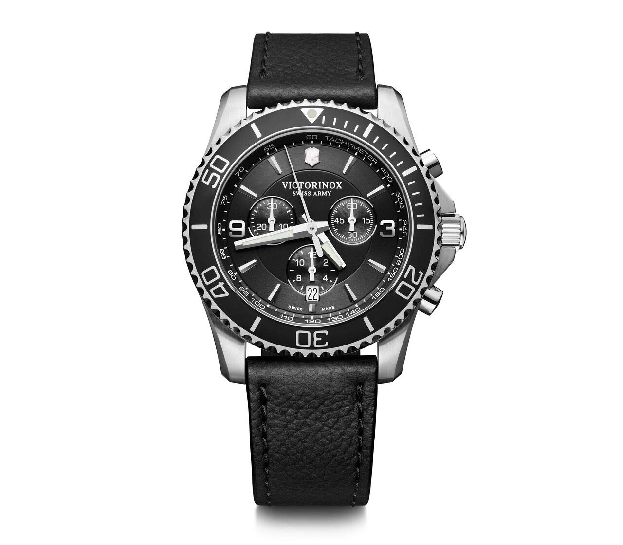 Victorinox Montre Homme Maverick Chronograph Ø 43 mm, Swiss Made, Quartz Analogique, Étanche Jusqu’à 100 m, Bracelet Cuir, Noir