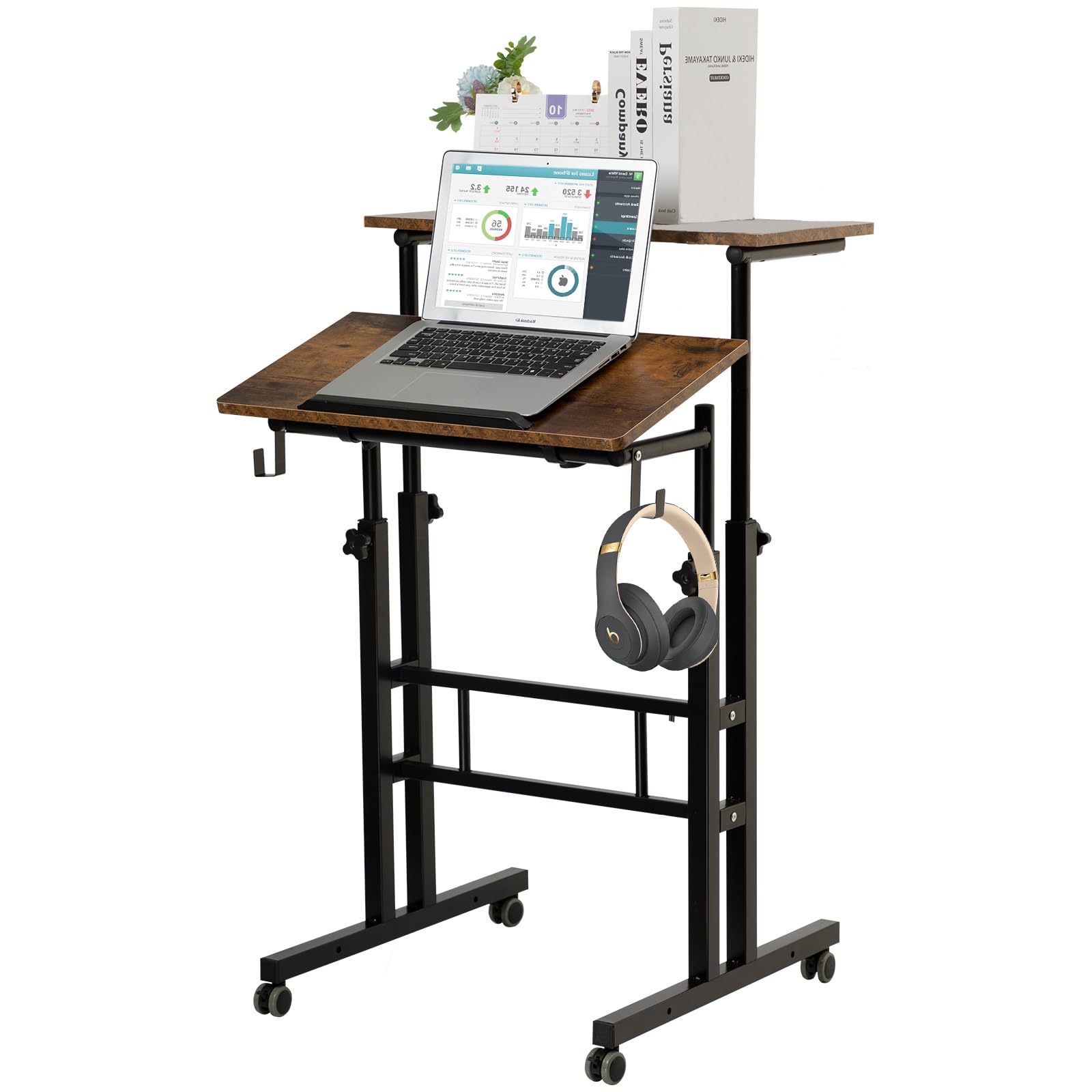 SIDUCAL Mobile Standing Desk, Portable Stand Up Desk, Small Adjustable Converter with Wheels Home Office Workstation, Rolling Laptop Cart for Sitting,