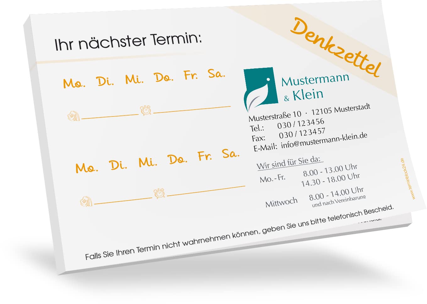 200 Terminblöcke Classic #1 individuell bedruckt mit Ihrem Text und Logo! 50 Blatt je Block, 74 x 105 mm (DIN A7), quer, mehrere Grundfarben und Terminfelder wählbar
