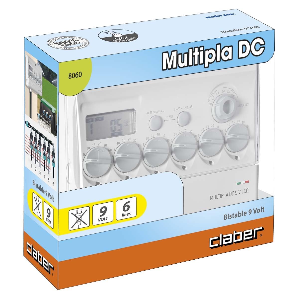 Claber 8060 Multipla® DC 9 V con Display LCD, Programmatore elettronico a 6