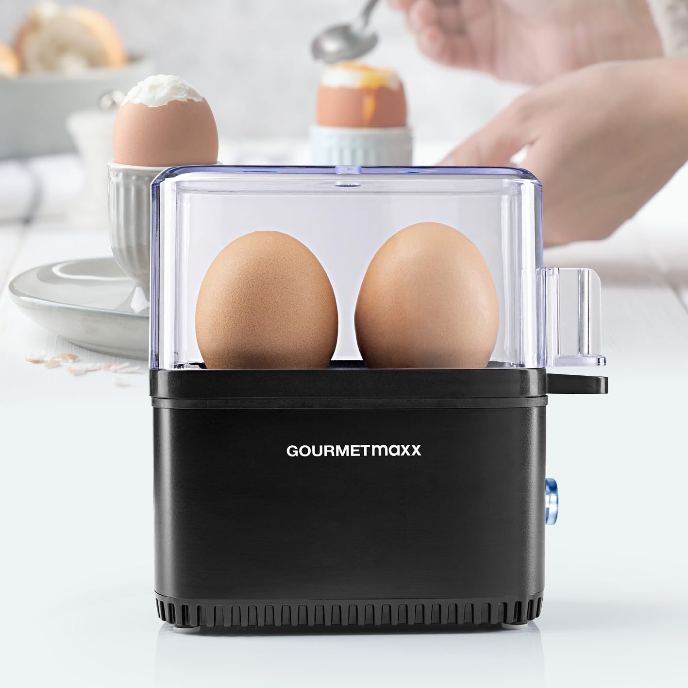 GOURMETmaxx Jajowar na 2 jajka | Elektryczna, energooszczędna kuchenka do jajek z łatwą obsługą zapewnia idealne jajka śniadaniowe, z miarką i pickiem do jajek, kompaktowa konstrukcja, bez BPA, kolor