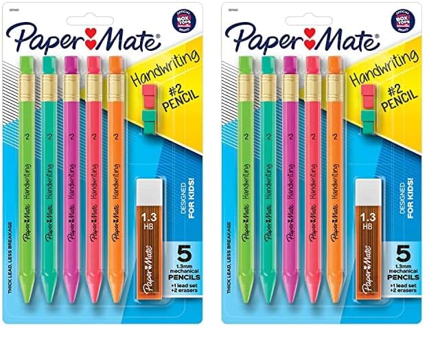 Paper Mate Handwriting Triangular Mechanical Pencil Set with Lead & Eraser Refills, 1.3mm, School Supplies, Office Supplies, Sketching Pencils, Drafting Pencil, Fun Barrel Colors, 8 Count (Pack of 2)