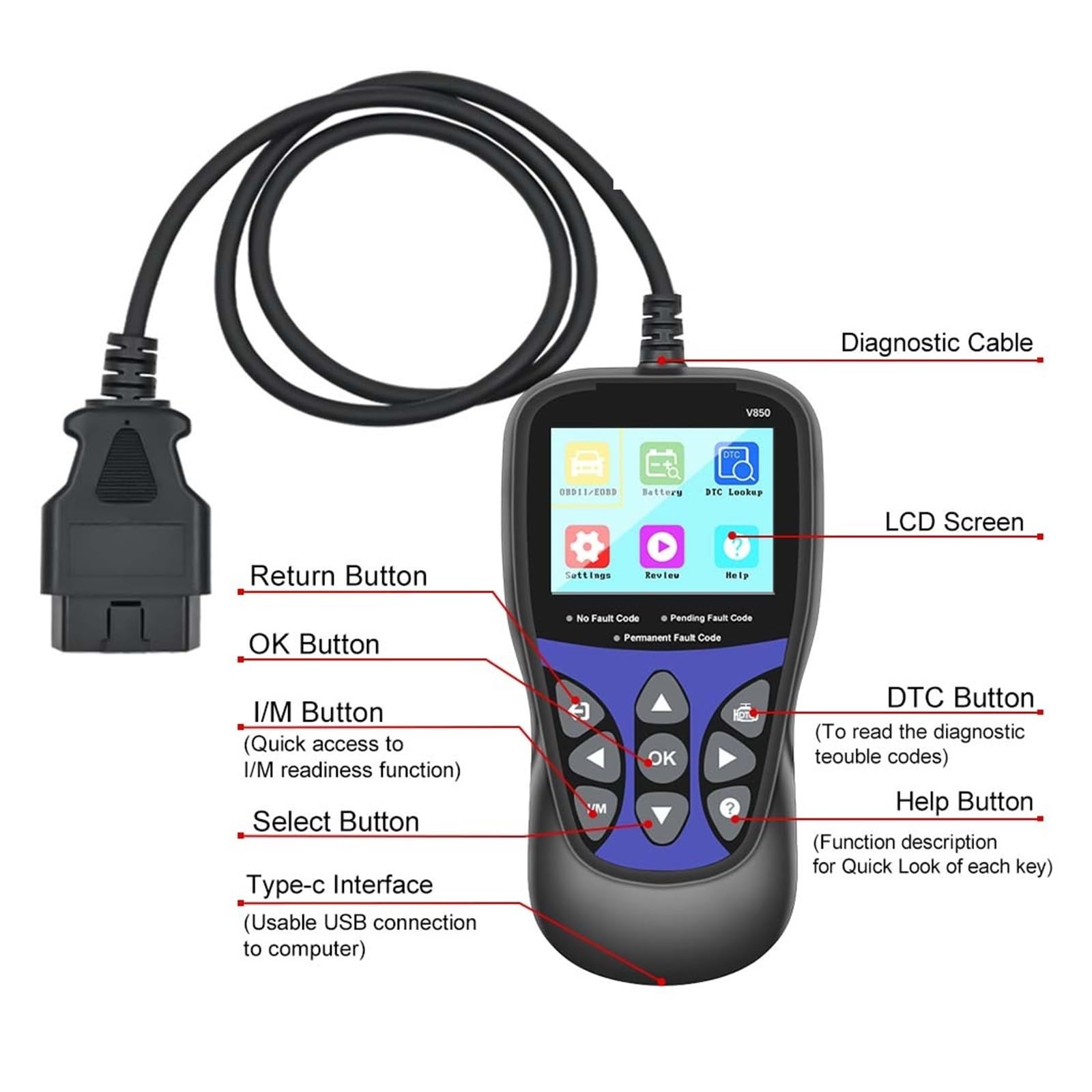 Skaner do Samochodu, V850 Samochodowy skaner diagnostyczny OBD2 Kontrola silnika Czytnik kodów samochodowych Akumulator Wielojęzyczny