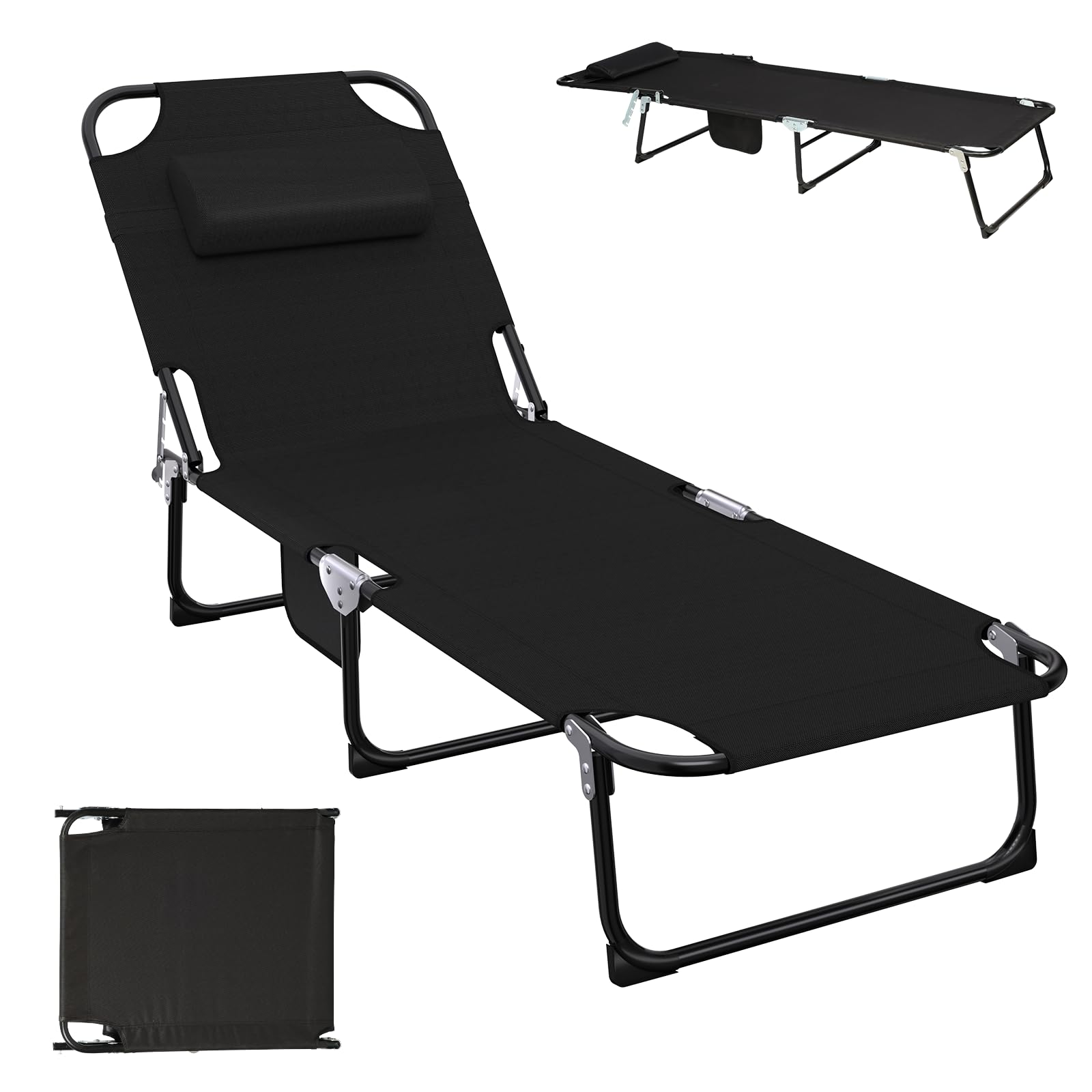 Tumbona plegable ligera, resistente a la intemperie, 150 kg, con respaldo ajustable de 5 posiciones, tumbona de playa plegable, para balcón, jardín, piscina, playa (negro)