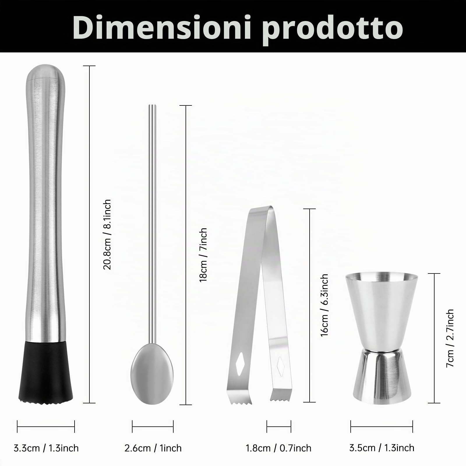 Pestello per cocktail in acciaio inossidabile con cucchiaio da cocktail, set di accessori da bar, pestello per mojito, trita ghiaccio, pestello da cocktail, shaker con bicchiere dosatore