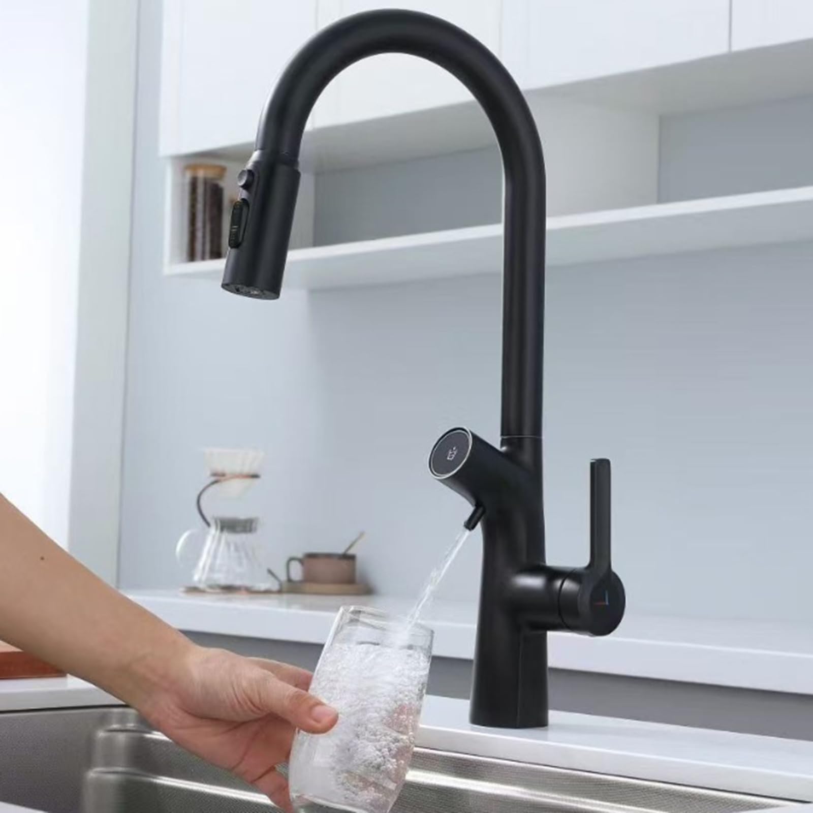 Brass 3-Way Kitchen Mixer Tap with Pull-Out Spray & Filter, 360° Swivel Single Hole Sink Faucet (Hot/Cold/Pure Water) (Black)