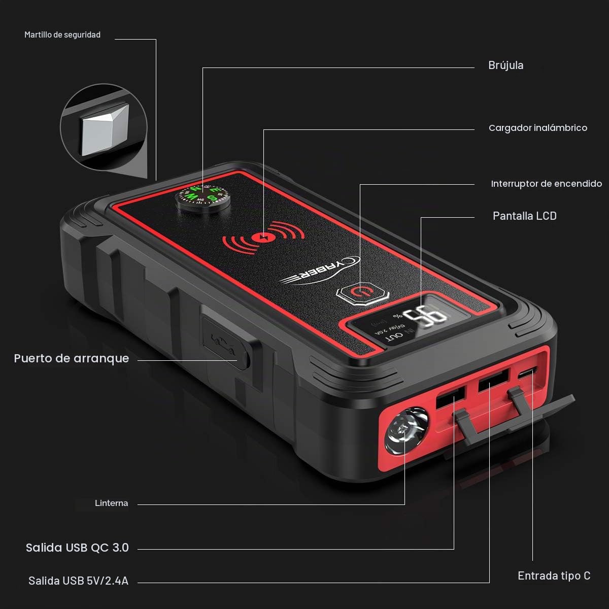 YABER Arrancador de Coche, Pico de 2500A 23800mAh Arrancador de Batería de Coche (Toda Gasolina o 8.0L Diésel) Cargador Inalámbrico Portátil con Linterna LED, Encendedor de Cigarrillos EC5,