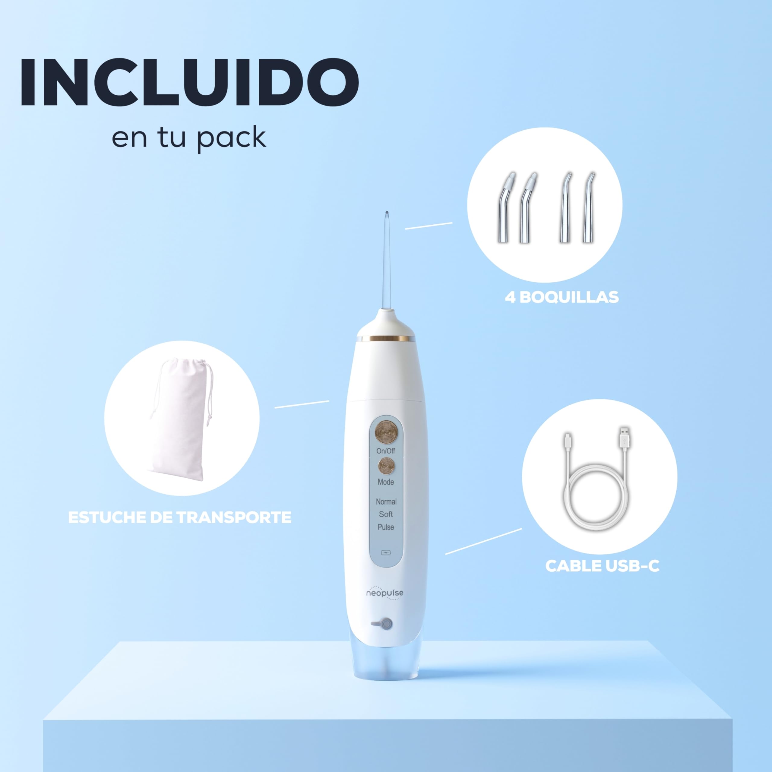 NEOPULSE MY FIRST – Irrigador Dental Portátil, 6 Niveles de Presión, 4 Boquillas Incluidas (2 Clásicas + 2 Ortodónticas), Depósito 165 ml, Recargable USB-C, Ideal Ortodoncia y Encías Sensibles, Blanco