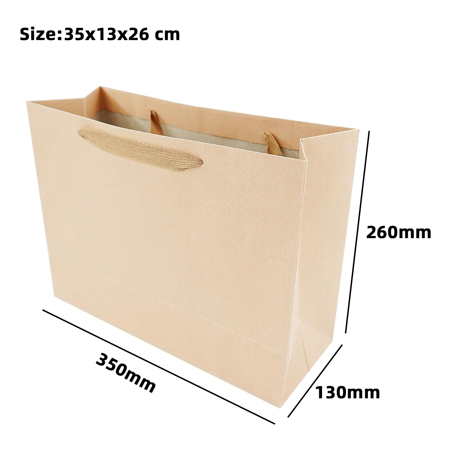 12 x Sacs en papier, Sacs cadeaux avec bord noir laminé mat, Sacs cadeaux en kraft avec poignées pour anniversaire, mariage, Noël, fête, shopping, baby shower, vente au détail, 35x13x26 cm (Marron)