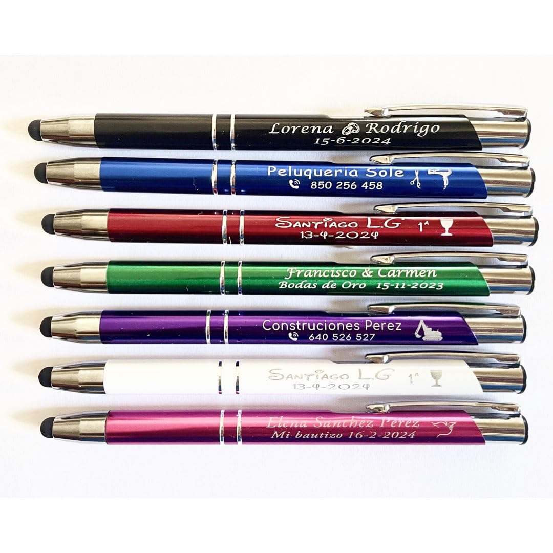 regalo grabado - Bolígrafos Personalizados 2 en 1 con Pulsador Táctil | Grabado de Texto y Logo | Ideal para Bodas, Comuniones, Bautizos, Merchandising de Empresa, Metal |Unidades (15)