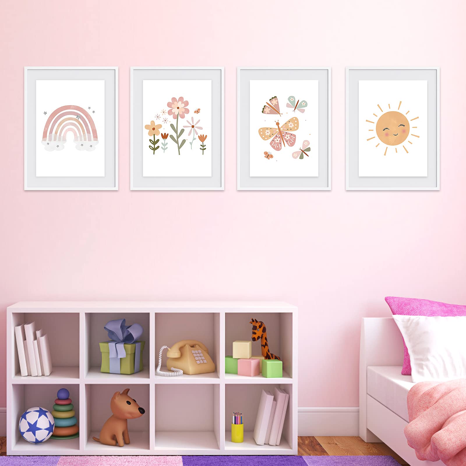 Vegena Lot de 4 tableaux pour chambre d'enfant et fille,Décoration pour chambre d'enfant,Arc-en-ciel soleil, nuage, fleurs et papillons,Décoration murale pour chambre de bébé,DIN A4,Décoration bohème