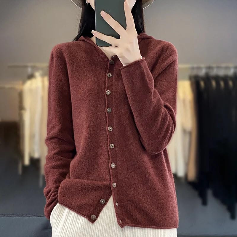 Maglione da donna in lana con cappuccio, tinta unita, a maniche lunghe, lavorato a maglia
