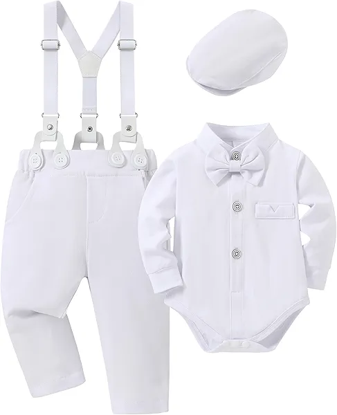 SOLOYEE Baby Boy Clothes Suits 0-24M Infant Gentleman Outfit Long Sleeve Dress Shirt+Suspender Pants+Bowtie+Beret Wedding Set