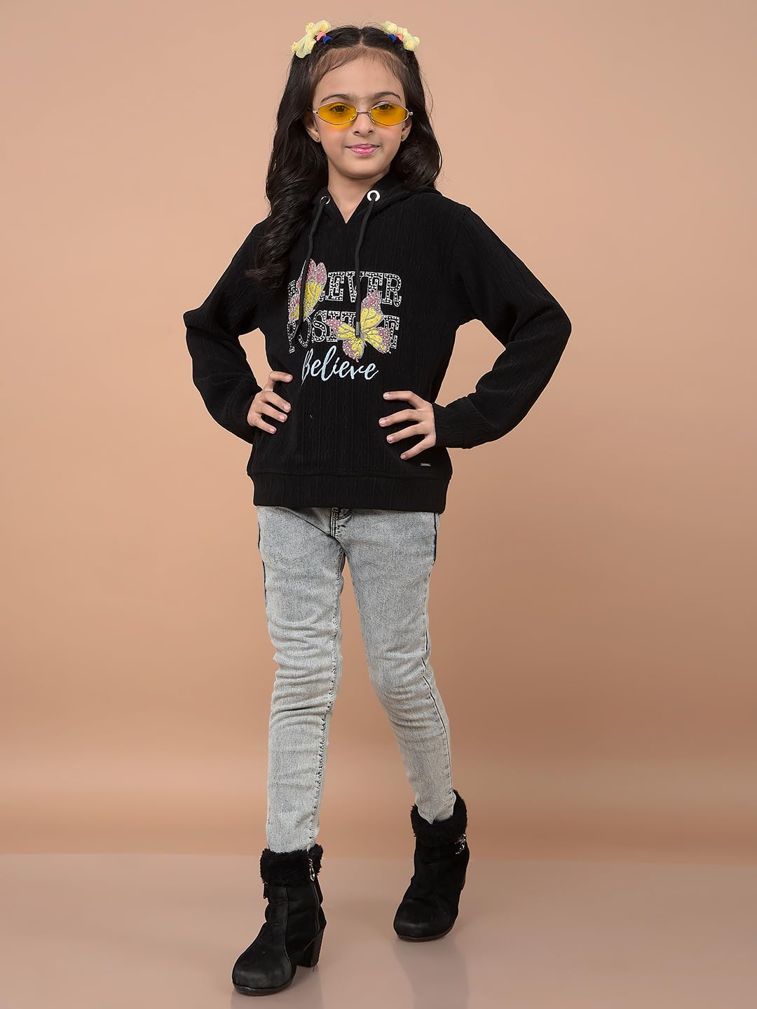 Crimsoune Club Girl's Black Embellished Hooded Neck Sweatshirt (9-10Y) 4