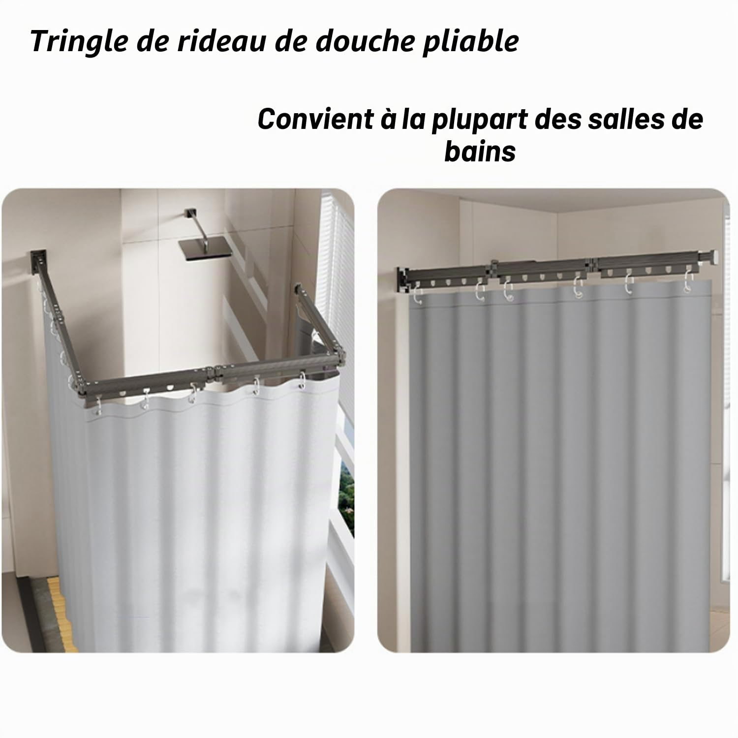 Rideau de Douche Pliable,Tringle de Douche en Aluminium à 5 Sections,pour Salle de Bain,Chambre,Balcon et Angle de Baignoire,Gris