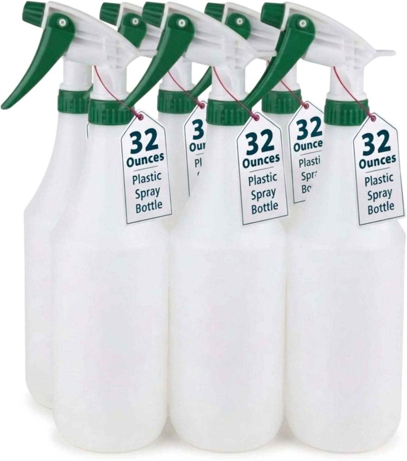 (6 Pack) Plastic Spray Bottle 32 Oz | All-Purpose HDPE Spraying Bottles Leak Proof Mist Empty Water Sprayer for Cleaning Solution, Oils, Hair, Planting, Pet with Adjustable Nozzle - White/Green