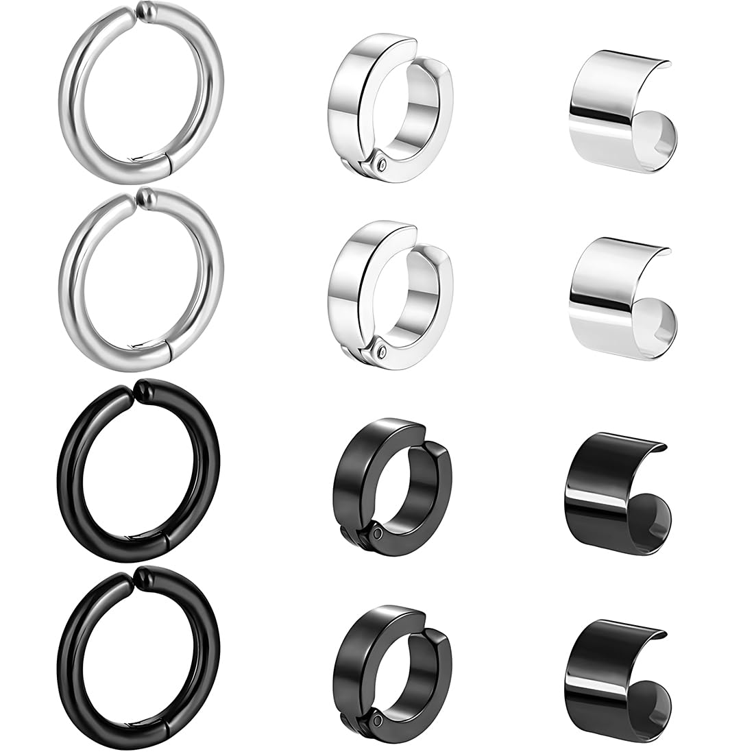 NHPY 12 Piezas Pendientes para hombre,Pendientes de aro para hombre,Pendientes de aro para hombre de acero inoxidable sin perforar,Redondos,Color negro plateado,Sin agujero,Pendientes falsos