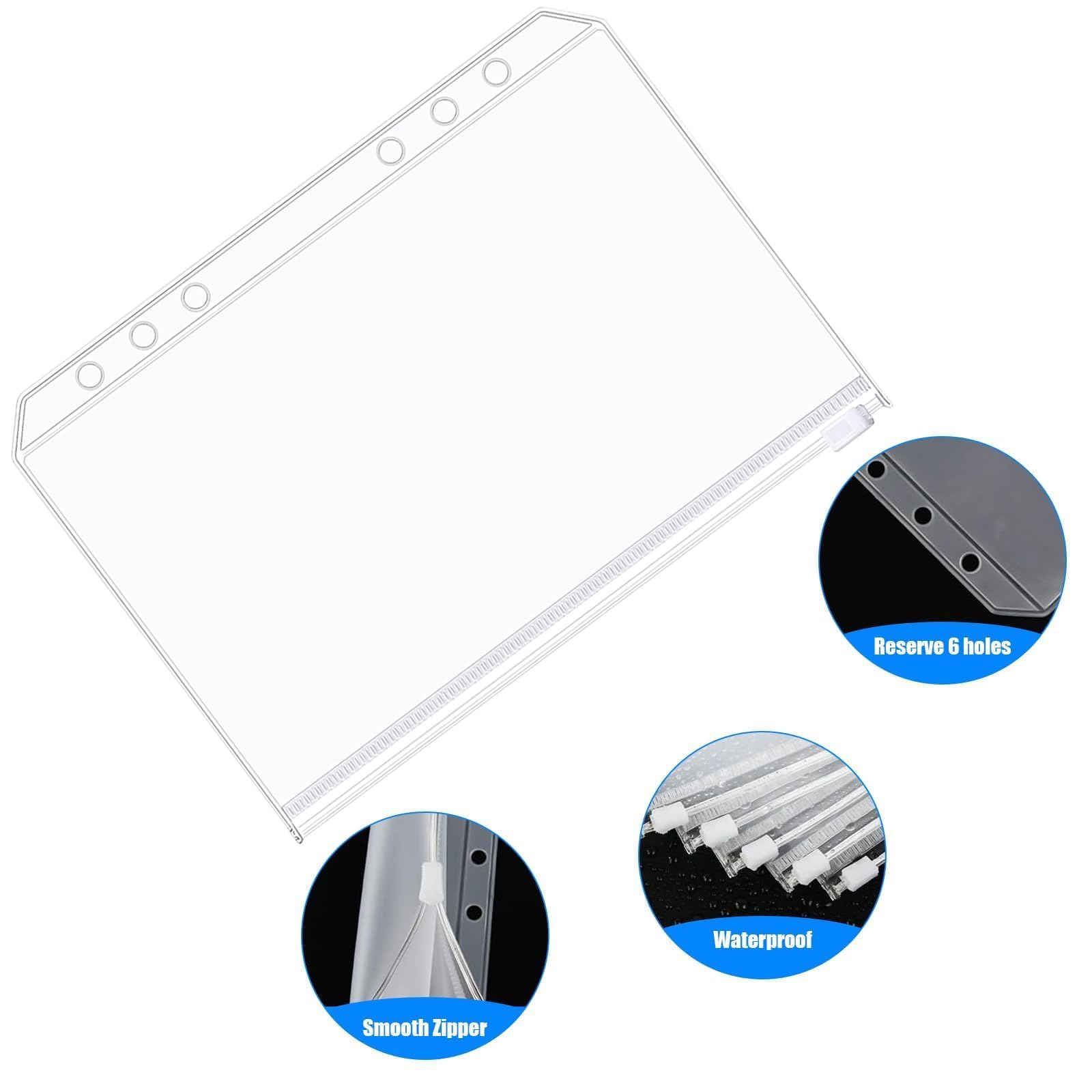 12 Pochettes Plastique A6 à Fermeture Éclair - 6 Trous, Transparentes - Pour Documents, Cartes, Étiquettes